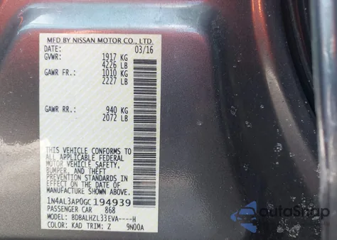 2016 Nissan Altima 2.5 Sr from USA, damaged, VIN 1N4AL3AP0GC194939